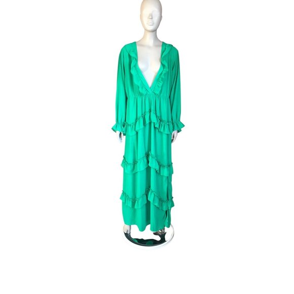 Boohoo Green Ruffle Long Sleeve Maxi Dress - Picture 1 of 8